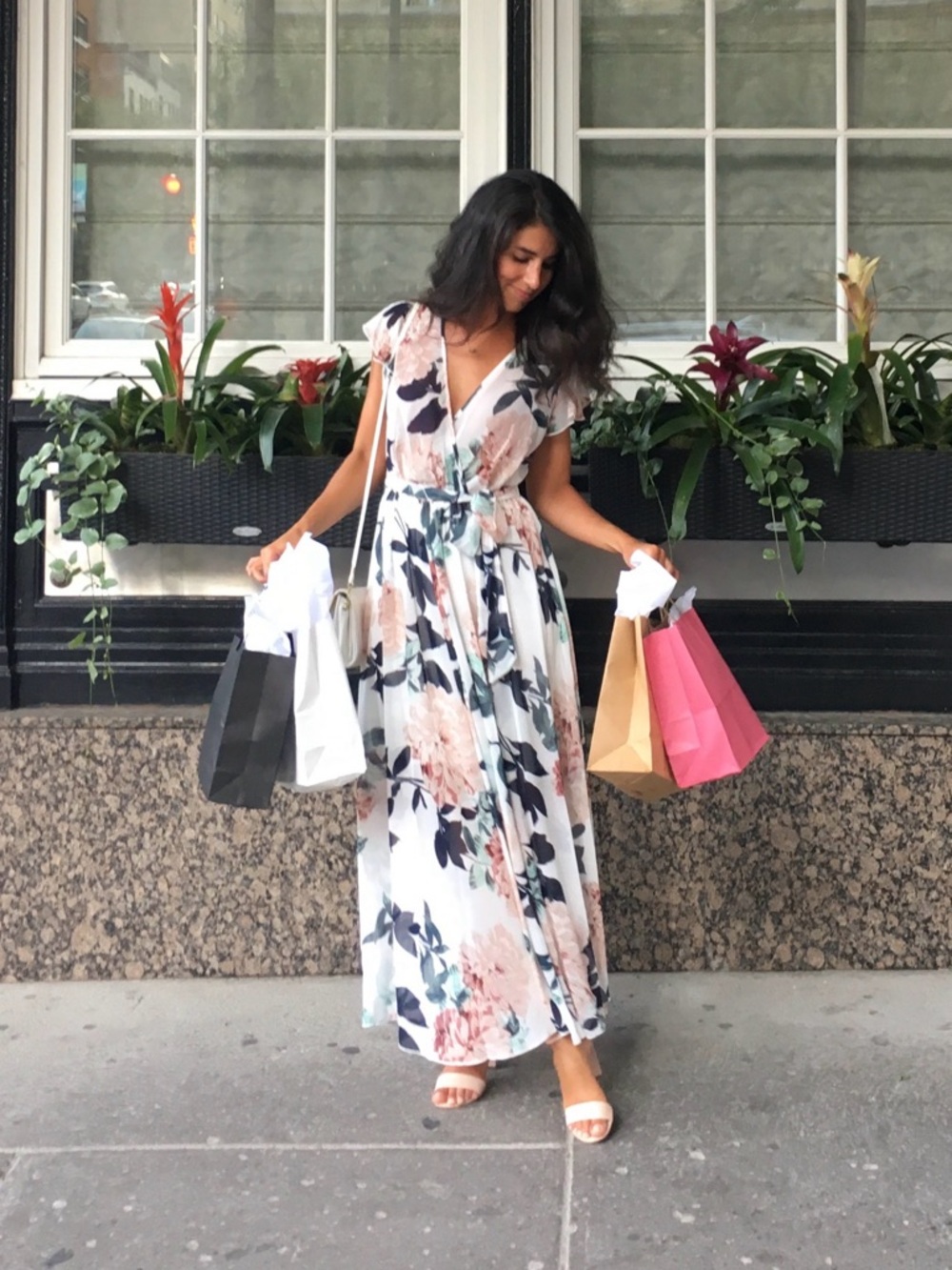 Floral V-Neck Maxi Dress in White and Blush